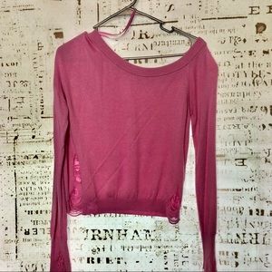 Garage Pink Off the Shoulder Distressed Sweater